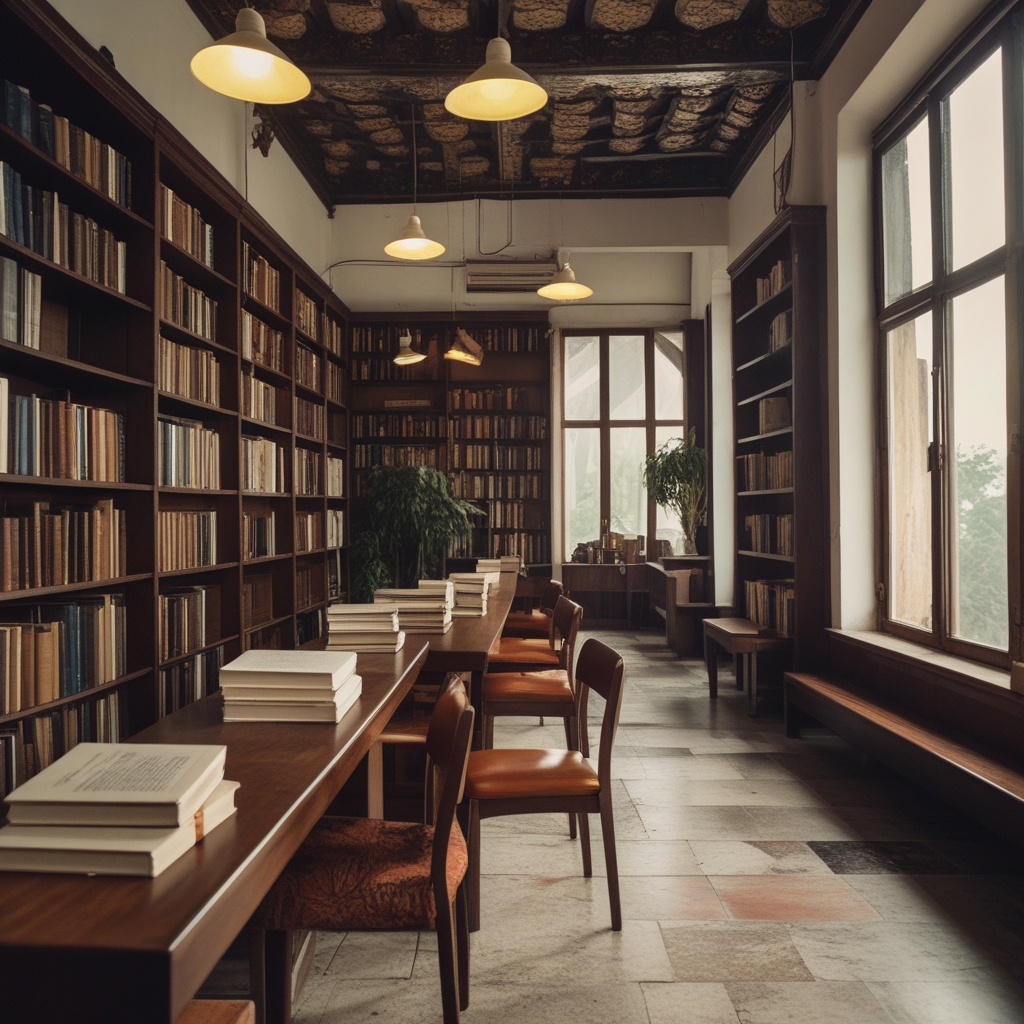 Ruang baca perpustakaan yang tenang dengan rak buku tinggi, pencahayaan hangat dari lampu gantung, dan meja kayu panjang yang mencerminkan suasana institusional yang serius