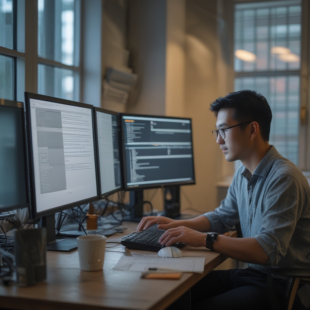 Seseorang bekerja di depan tiga layar monitor dalam ruangan dengan pencahayaan rendah di malam hari, menggambarkan intensitas kerja visual digital yang tinggi dan kondisi yang dapat menimbulkan ketidaknyamanan mata