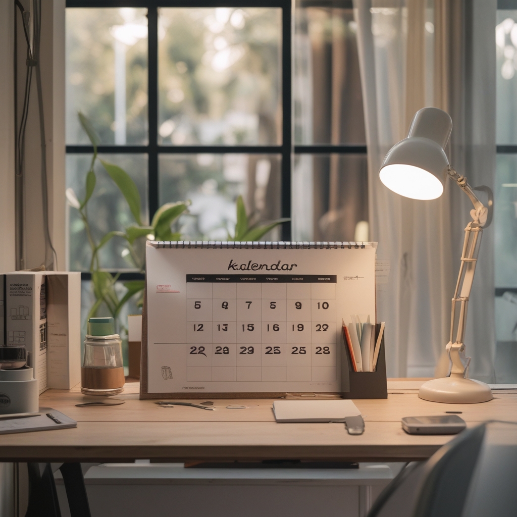 Meja kerja modern dengan jam dinding, tanaman sukulen kecil, dan buku catatan terbuka, menggambarkan rutinitas harian yang terorganisir