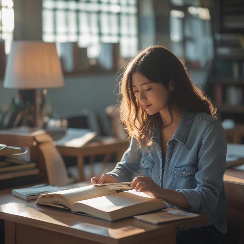 Sudut baca yang nyaman dengan kursi berlengan, buku terbuka, dan cahaya lembut dari lampu meja yang menciptakan suasana konsentrasi dan eksplorasi pengetahuan