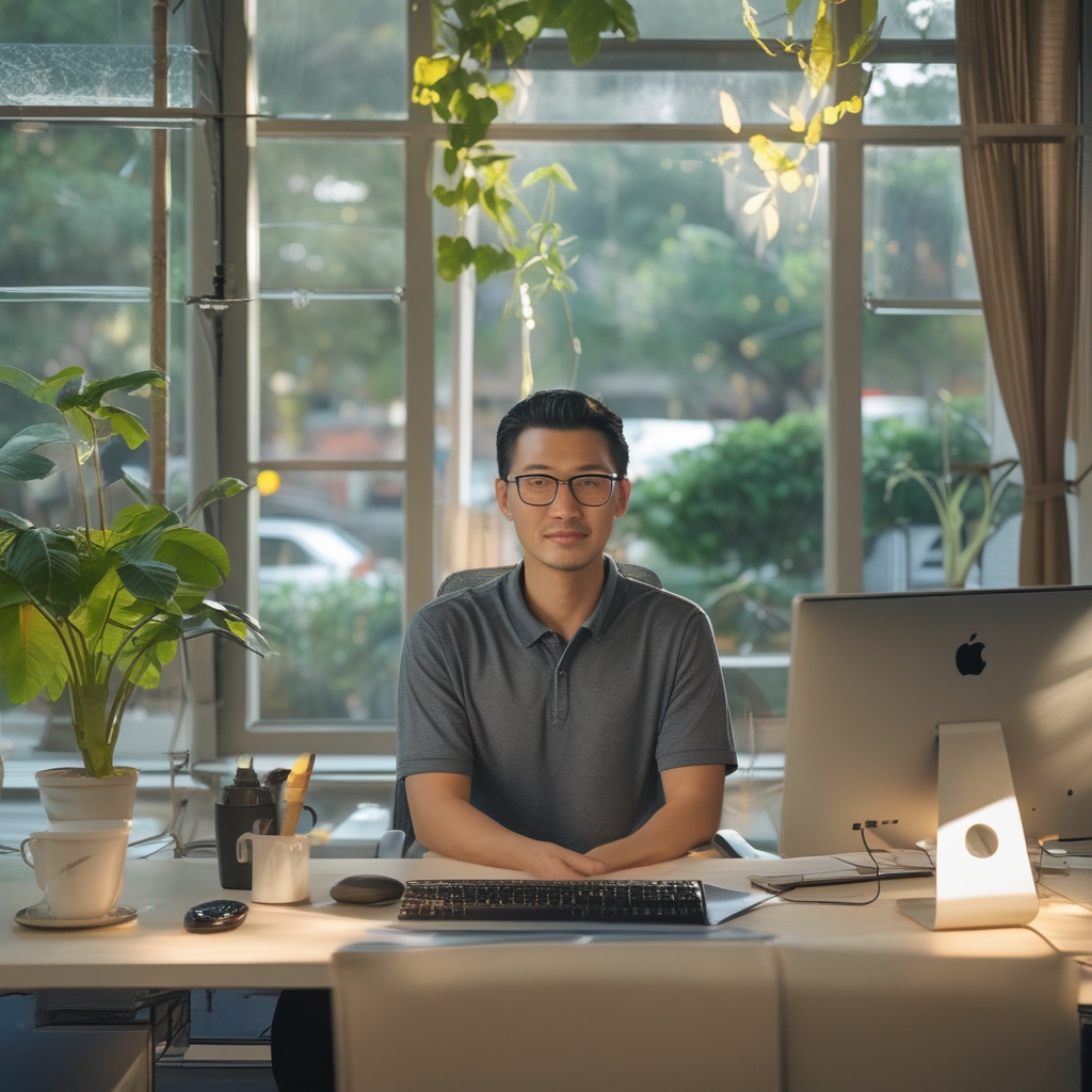 Meja kerja ergonomis dengan cahaya alami dari jendela, tanaman kecil di sudut, dan layar komputer yang diposisikan pada ketinggian mata yang tepat