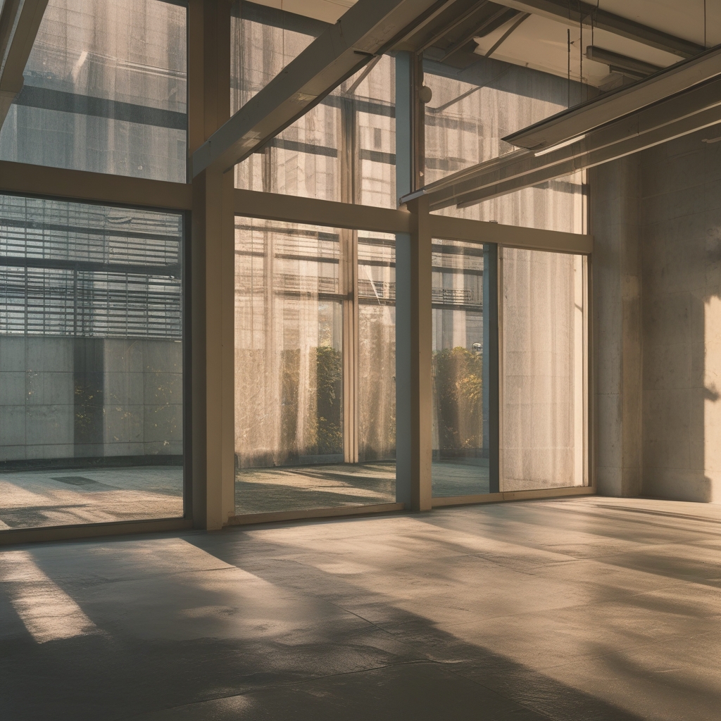 Pandangan dari jendela kantor yang tenang mengarah ke pepohonan hijau di luar gedung, dengan cahaya alami yang lembut masuk ke ruangan